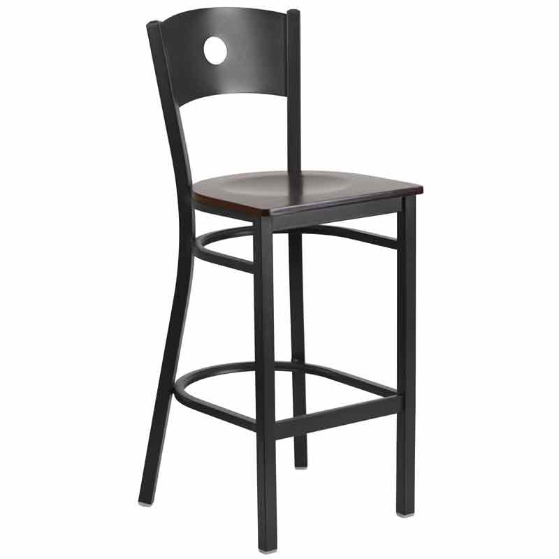 Restaurant Bar Stool Black Frame Walnut Wood Seat