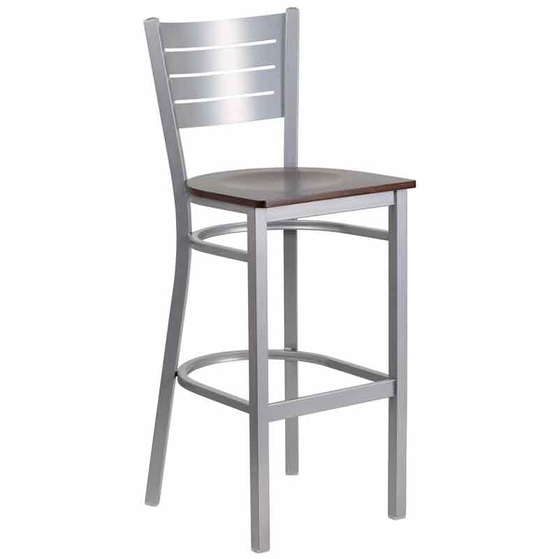 Bar Stool - Silver Metal Frame - Walnut Wood Seat
