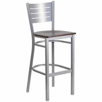 Bar Stool - Silver Metal Frame - Walnut Wood Seat